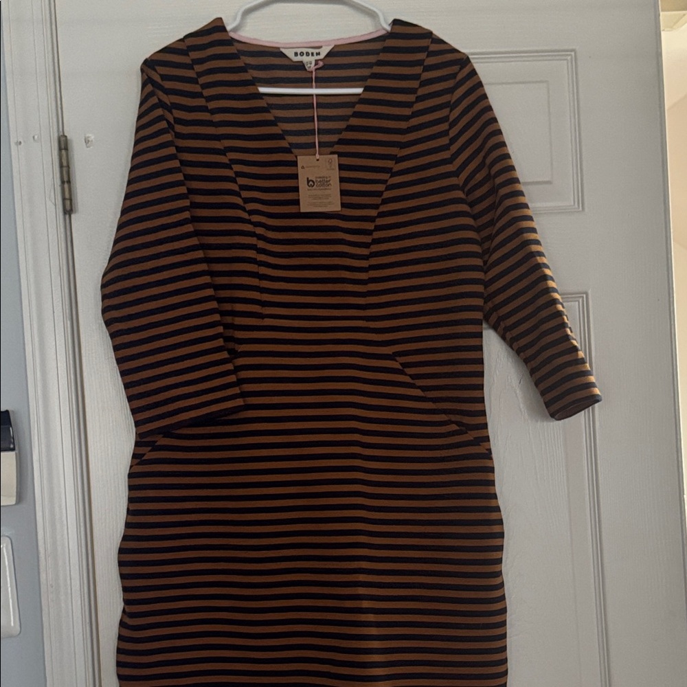 Boden Women's Black and Brown Striped Long Sleeve Dress